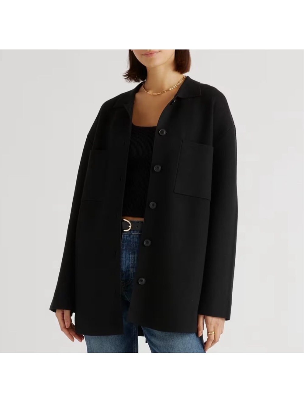 Quince black Eco-Knit Milano Stitch Oversized Shirt Jacket button down pockets - Picture 1 of 16
